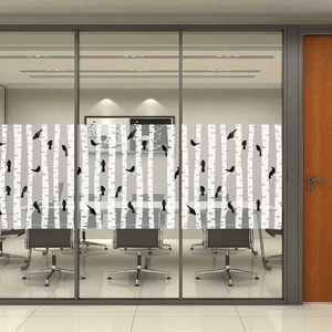 Frosted Privacy Window Film Birch Tree Bird Pattern Self-Adhesive Glass Sticker Static Cling Non-Transparent Home Office Decor
