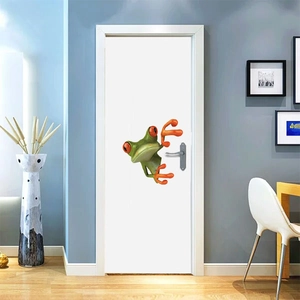 3D realistic green tree frog wall sticker peeking from a white door gap for home decor