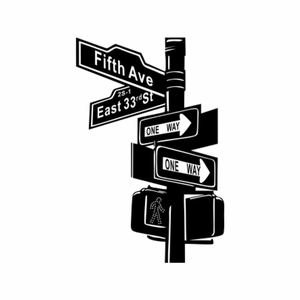 Detailed view of black and white Fifth Ave street sign and pedestrian light wall sticker