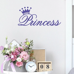 Detail of lavender Princess wall sticker with crown design on a soft bedroom background