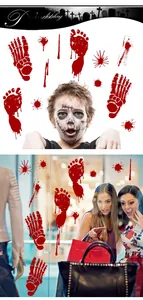Detailed Halloween wall stickers set with red blood footprints and skeletal hands on glass
