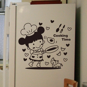 Cartoon girl chef and cat wall decal with Cooking Time text for kitchen decor
