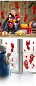 Detail showing bloody handprints and footprint decals applied to doors and windows