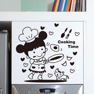 Cartoon chef and cat wall decal with Cooking Time text for kitchen and fridge decor
