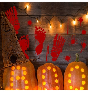 Halloween bloody footprints and handprints PVC stickers on wooden wall background