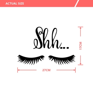 Detail view of Shh... sexy eyelash wall decal with dimensions 27cm width and 17cm height