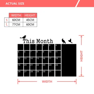 Size chart showing dimensions for the bird monthly calendar chalkboard wall sticker