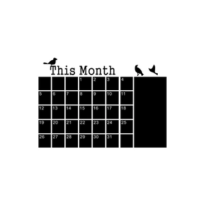 Detail view of bird-themed chalkboard wall sticker with monthly calendar and memo section