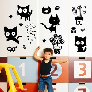 Nordic cartoon black cat and potted plants PVC wall stickers set for home decoration