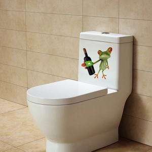 Funny green frog holding wine bottle waterproof sticker on white toilet tank