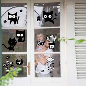 Nordic cartoon black cat wall stickers for glass doors featuring plants and clouds