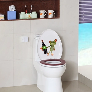 Waterproof PVC sticker of a funny green cartoon frog holding wine for toilet lid decor