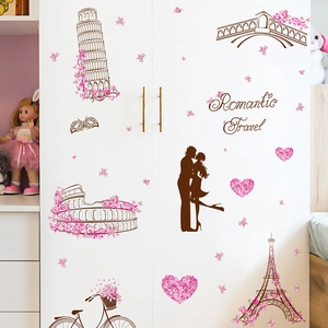Romantic Eiffel Tower and landmarks wall stickers on white wardrobe for room decor