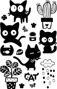 Cartoon black cat wall stickers with potted plants and raindrops for home decor