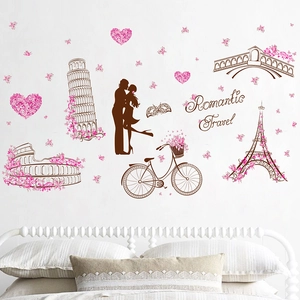Romantic Eiffel Tower wall decal set featuring city landmarks and silhouettes for bedroom decor