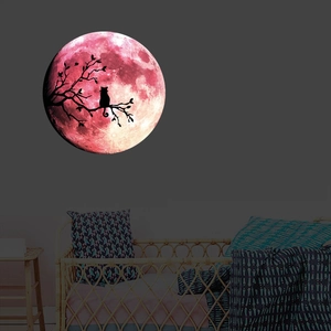 Sticker mural lumineux lune avec silhouette de chat noir sur fond de pleine lune rose
