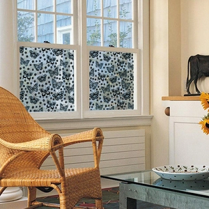 Frosted window privacy film with black butterfly and floral patterns for home decor