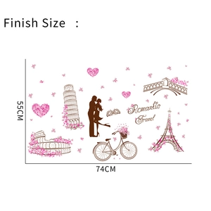 Detail view of Eiffel Tower romantic wall stickers with flowers and couple silhouettes