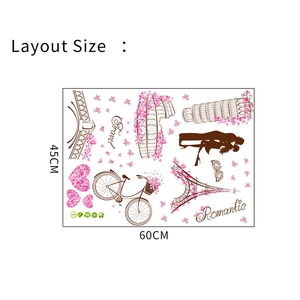Detailed layout size of 45x60cm wall sticker with Eiffel Tower and romantic motifs