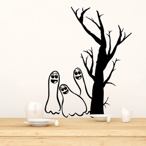 Halloween ghost wall decals with dead tree silhouette on a modern white wall decor