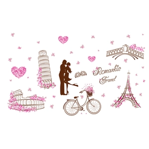Detail view of Romantic Travel wall stickers featuring Eiffel Tower and world landmarks