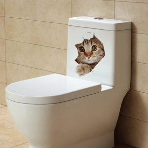 3D cartoon brown tabby cat sticker peering out from a hole on a white ceramic toilet tank