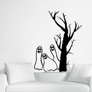 Halloween wall decals featuring black cartoon ghosts and spooky tree silhouette on a white wall