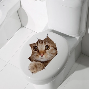 Realistic 3D brown tabby cat toilet sticker showing the head and paws peeking from a hole