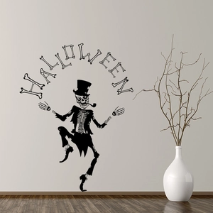 Halloween skeleton magician wall sticker with hat and pipe for window decoration