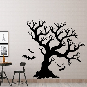 Halloween Bat Gnarled Tree Wall Sticker PVC Removable Silhouette Decal For Living Room Shop Window Decoration Gothic Party Decor