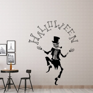 Halloween Skeleton Magician Wall Sticker Black PVC Dancing Skull With Top Hat Pipe For Home Party Window Decor