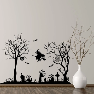 Halloween wall sticker set featuring black silhouettes of haunted trees, witches and pumpkins