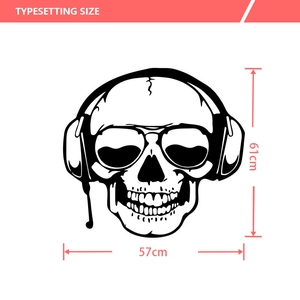 Skull with headphones wall sticker dimensions showing width 57cm and height 61cm