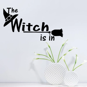 Minimalist The Witch is in Halloween wall sticker with witch hat and broom silhouette
