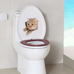 3D tabby cat toilet sticker showing a realistic cat peeking from a hole decor