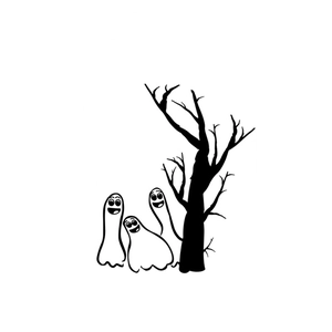 Detail of Halloween wall stickers featuring three cute ghosts and a black withered tree