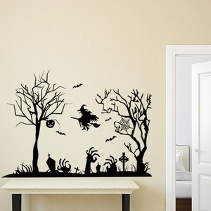 Halloween wall sticker with black ghosts, spooky trees and witch silhouette decor