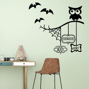Halloween Wandaufkleber Set mit Eule, Spinnennetz und Gruselschildern für Deko