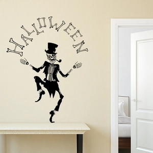 Halloween magician skeleton wall sticker with bones lettering on a textured interior wall