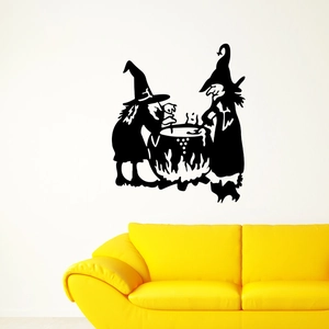 Detailed silhouette of two witches cooking with a cauldron Halloween wall sticker decor