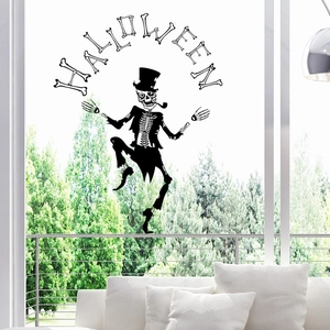 Halloween magician skeleton vinyl wall sticker for shop window and home holiday decoration