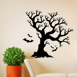 Halloween wall sticker featuring a large black spooky tree and bats silhouette on a wall