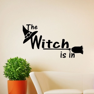 Halloween Witch Is In vinyl wall decal with broom and hat for home interior decor