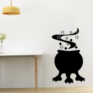 Sticker mural chaudron de sorcière Halloween noir avec fumée magique sur mur blanc