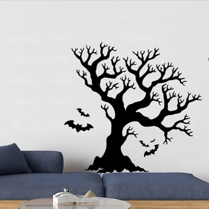 Halloween wall sticker featuring a large black dead tree and bats for living room decor