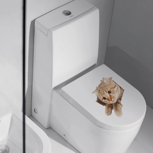 Detailed 3D cat sticker showing a tabby cat peeking through a hole on a toilet lid