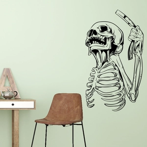 Halloween skull wall decal holding a straight razor for store window decoration