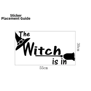 Detail showing 55x30cm Halloween wall sticker with The Witch is in text and broom design