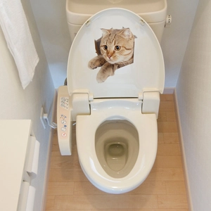 Detailed 3D cat wall decal showing a tabby cat peeping through a cracked hole on a toilet lid