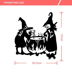 Typesetting size diagram showing 57x63.5cm Halloween witch cauldron wall sticker dimensions